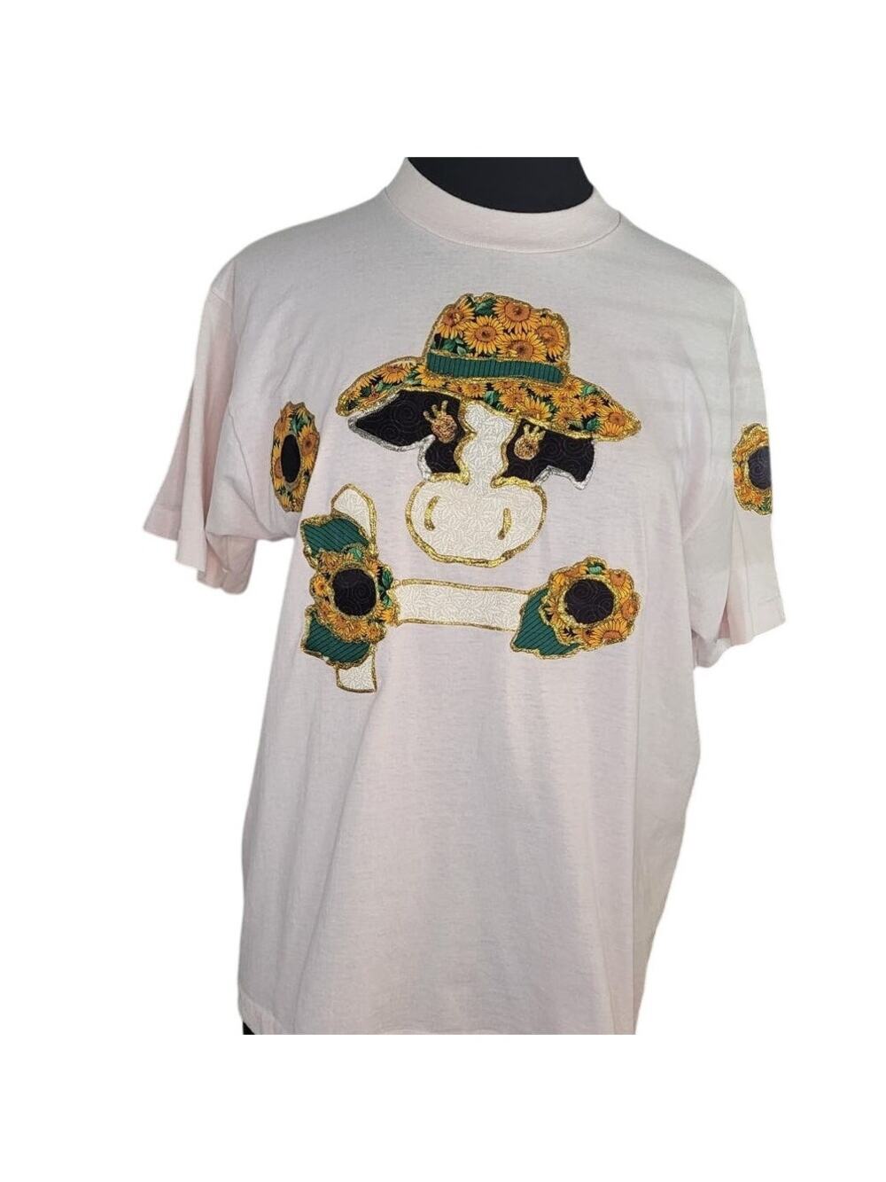 VTG 90s Handmade Cow Sunflower Tee Pink L USA Made Single Stitch GVC